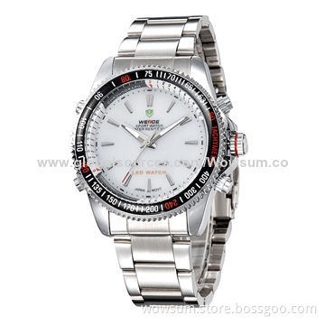 Date/day/alarm multipurpose LED display men's business-style stainless steel wristwatch